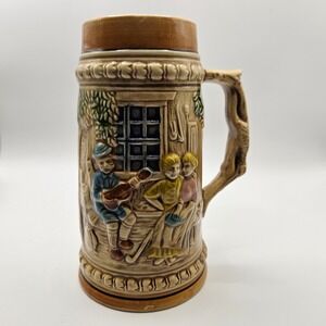 Vintage German Beer Stein Mug Embossed Musical Tavern Scene‎ Froh Gemut